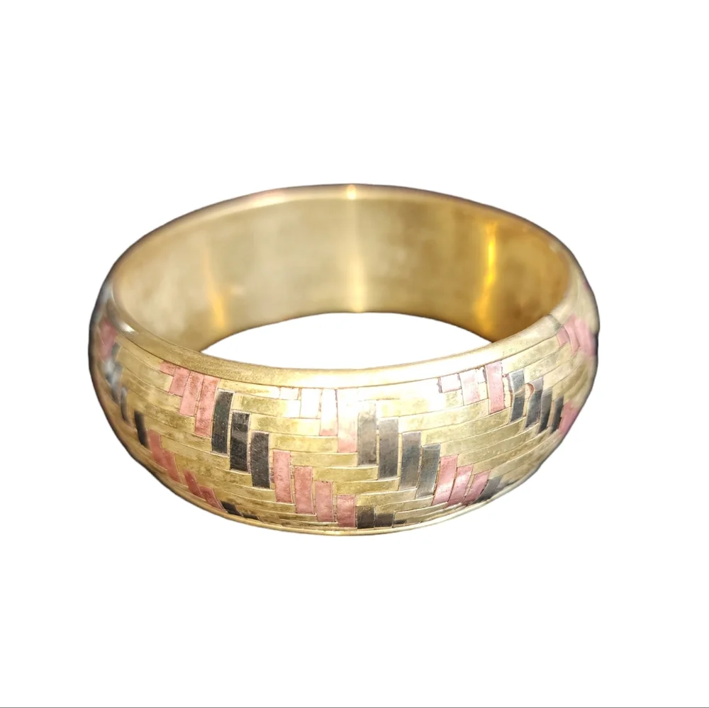 Vintage Boho Tri-Color Brass Copper & Silver Plated Basket Weave Bangle Bracelet